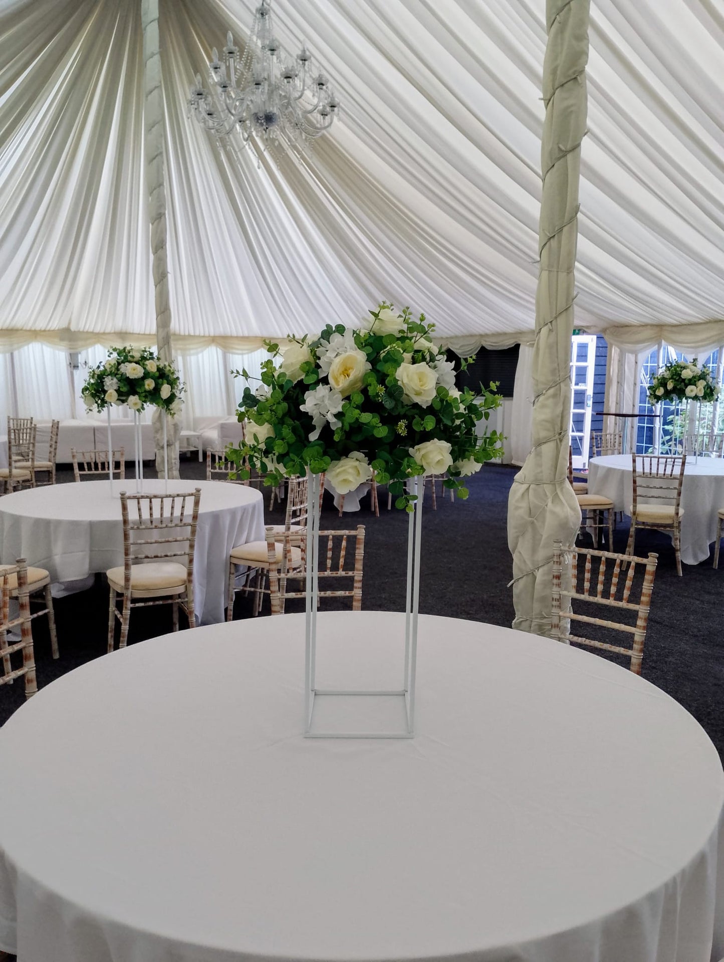 Wedding Arch with Two Rose Trees and Six Centre Piece Stands