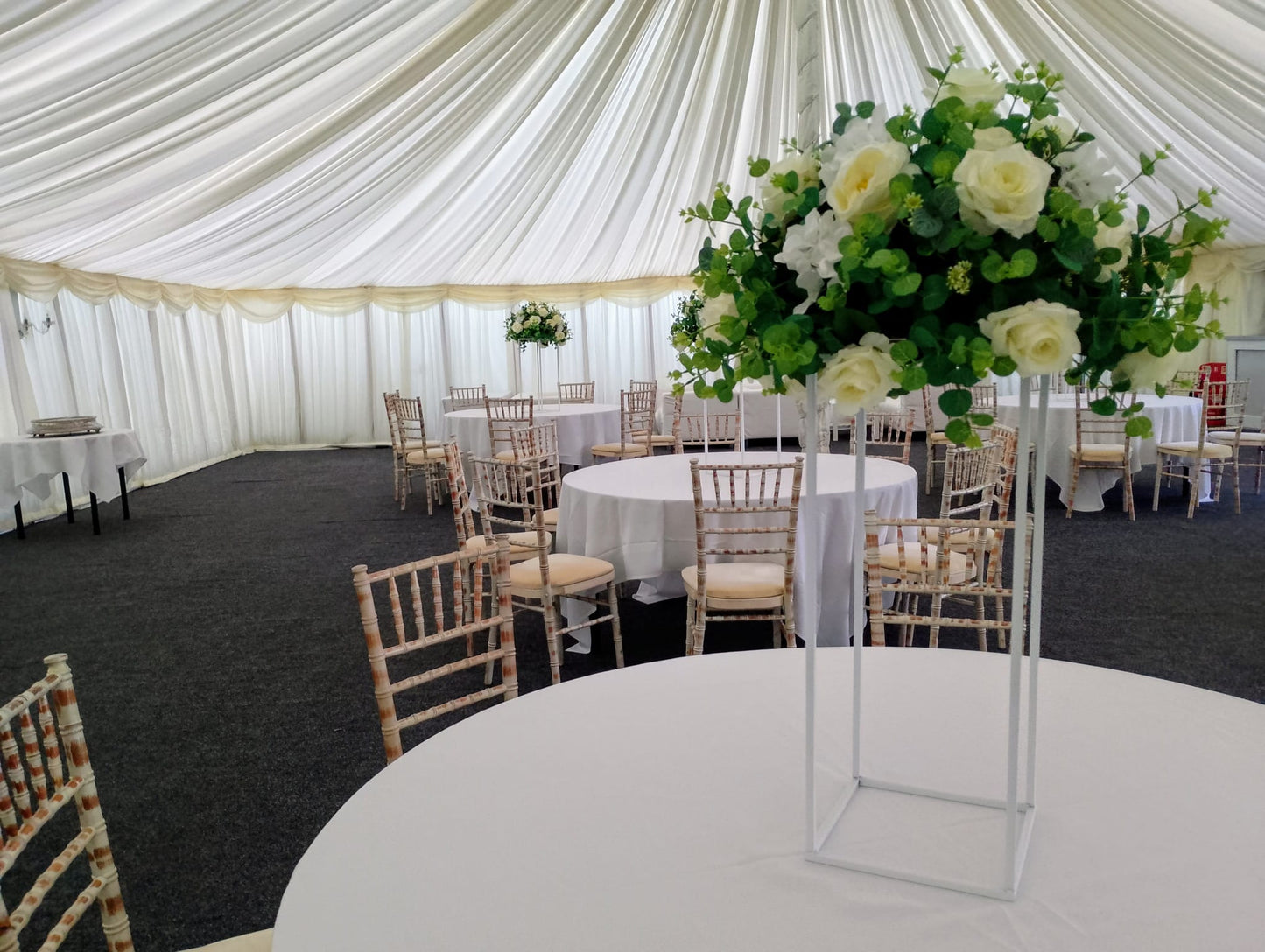 Wedding Arch with Two Rose Trees and Six Centre Piece Stands